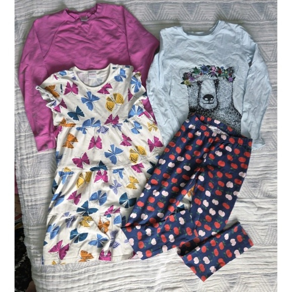 Hanna Andersson Girls Play Bundle Size 140 10‎ Butterfly Dress Bear Top Leggings
